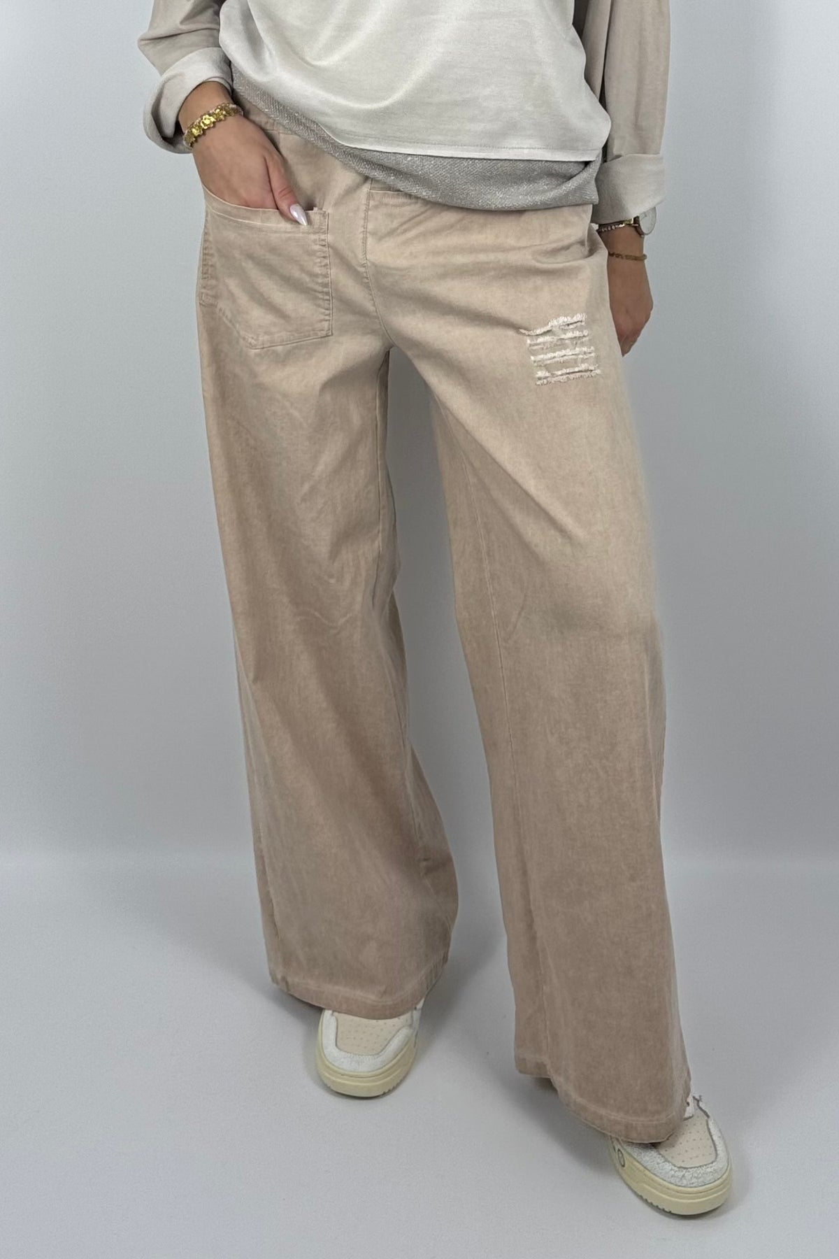 Damen Wide-Leg Hose mit Destroyed-Details – Safari