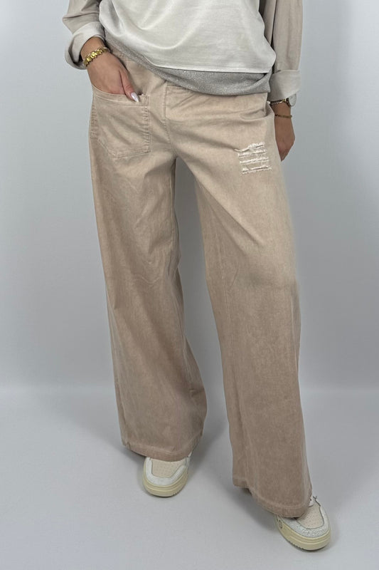 Damen Wide-Leg Hose mit Destroyed-Details – Safari