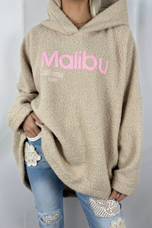Hoodie „Malibu California 1990“ – Oversize Teddy-Beige