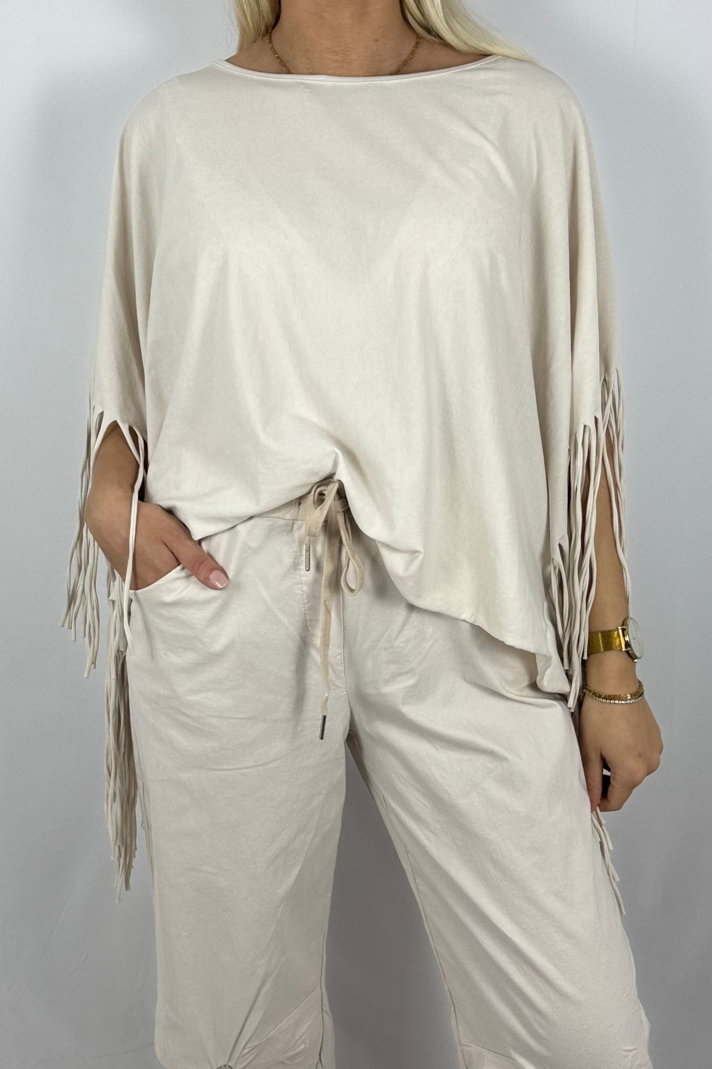 Fransen-Shirt aus Baumwollmix-Beige