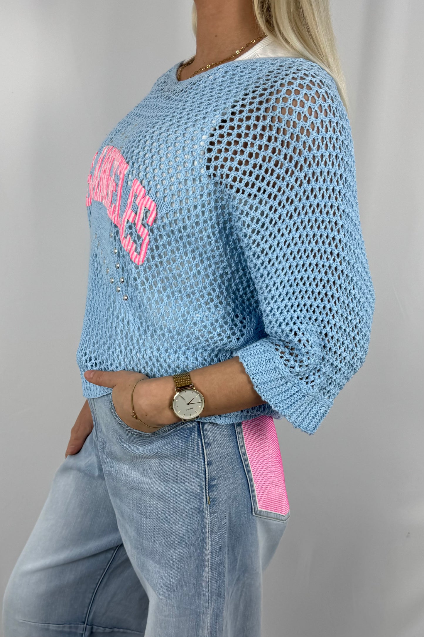 Damen Strickshirt „Los Angeles“ mit Strass-Hellblau