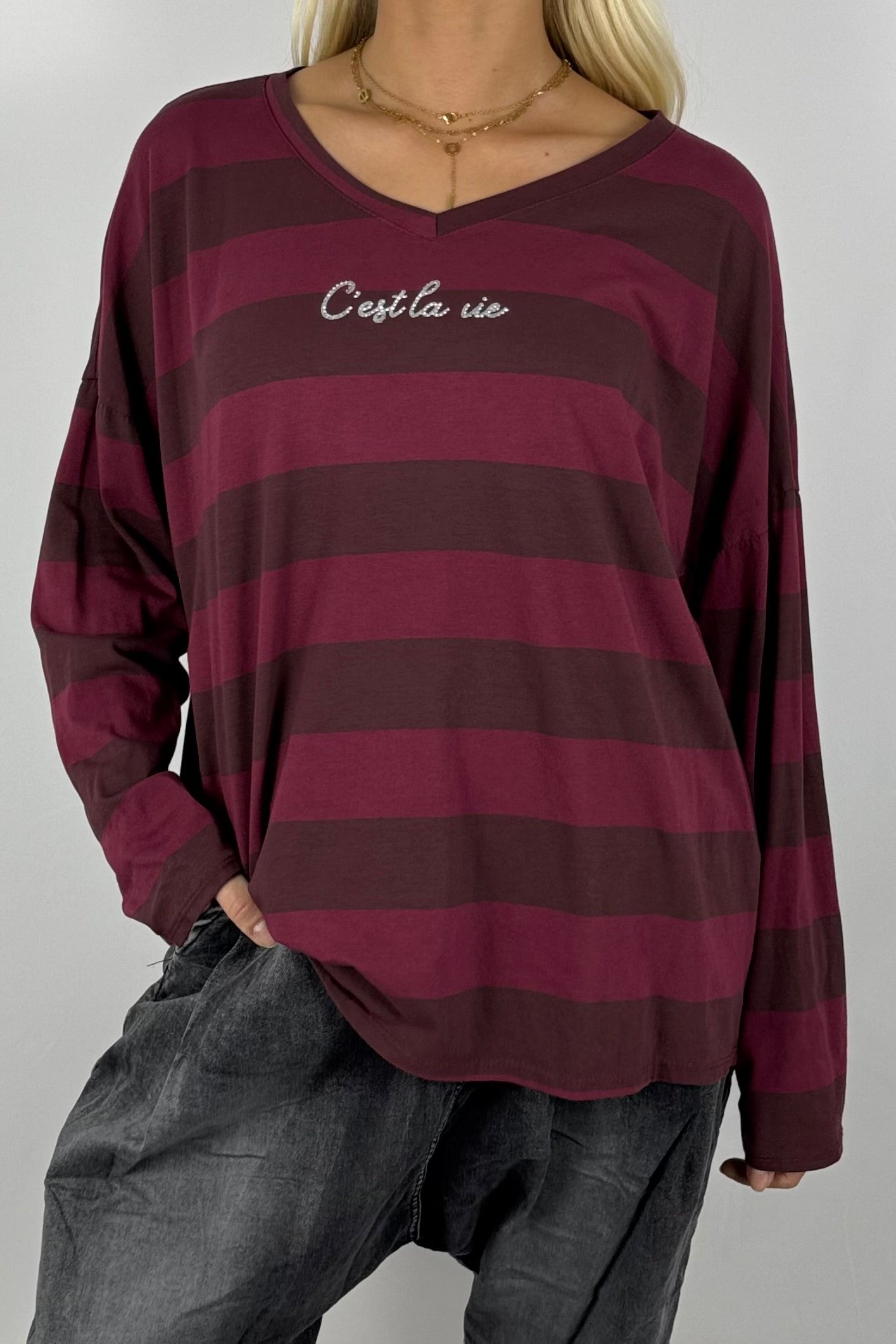 Damen Shirt gestreift – Oversize-Bordeaux