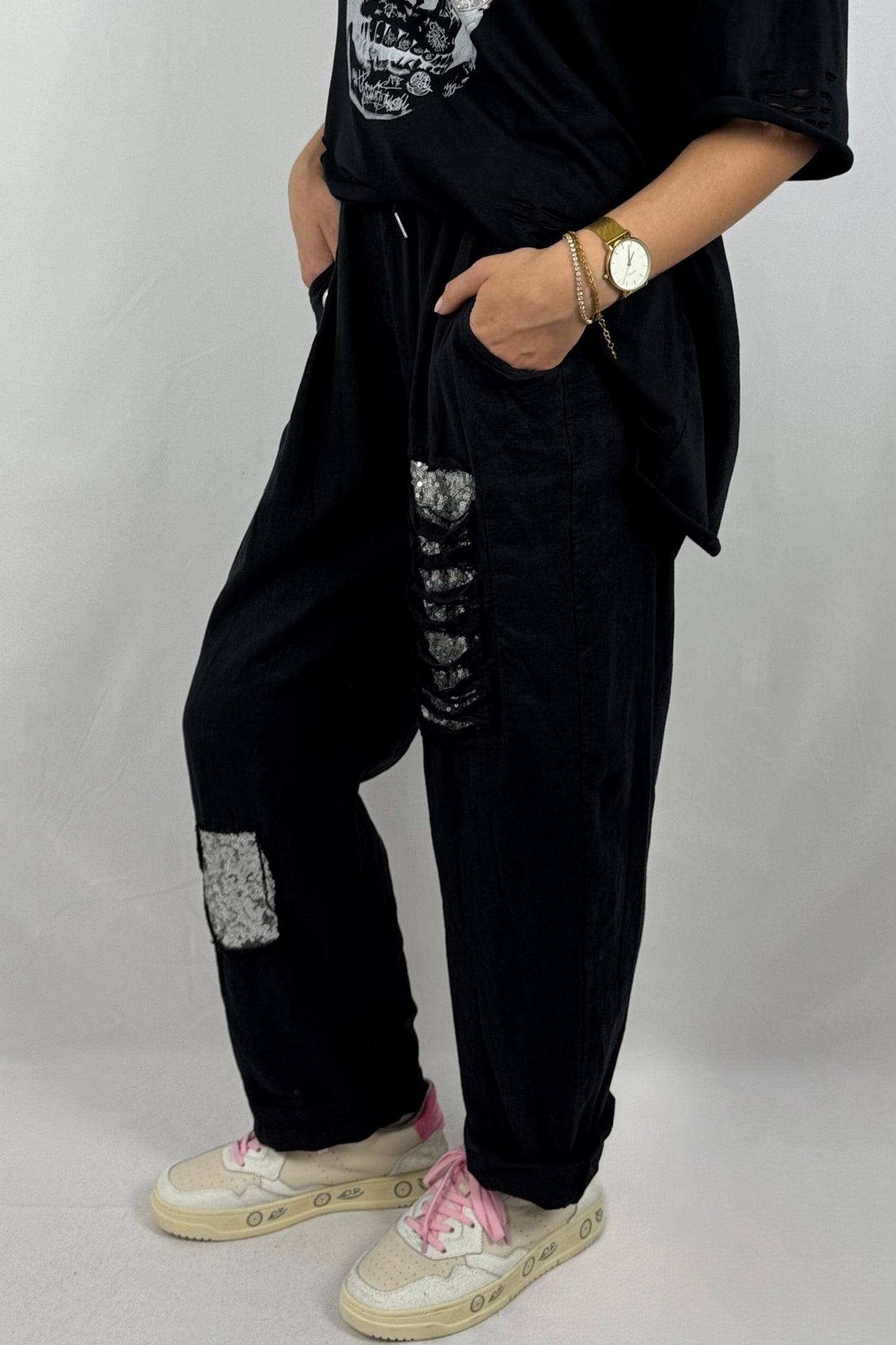 Leinen-Viskose Hose mit Pailletten-Details-Schwarz