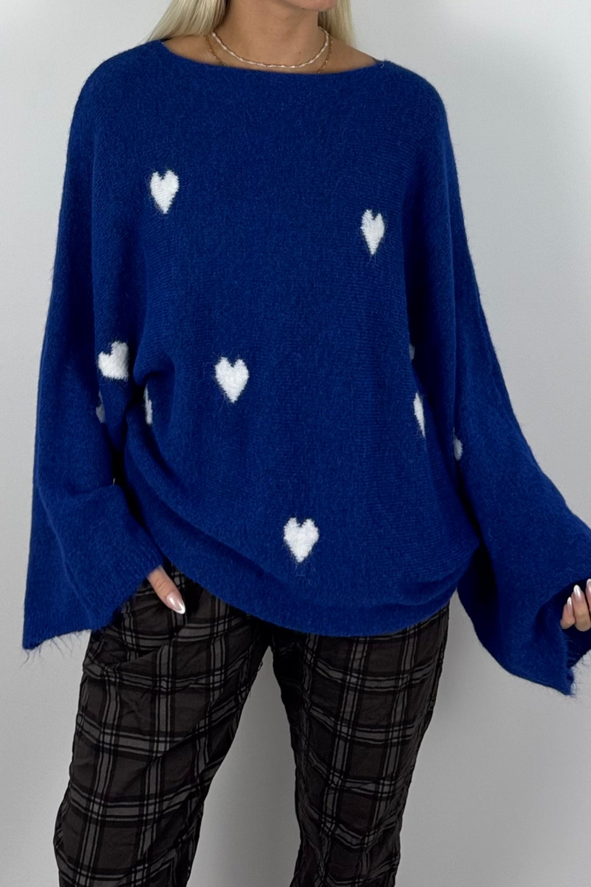 Damen Oversize-Strickpullover mit Herzmuster-Blau