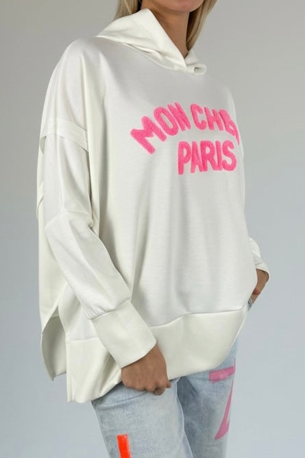 Oversize Hoodie „Mon Chéri Paris“-Weiß