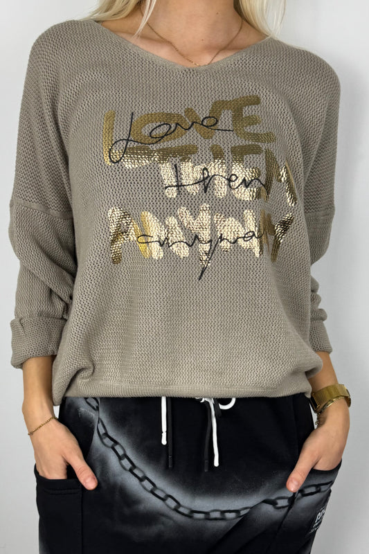 Damen Shirt mit Glitzer-Schriftzug „Love Them Anyway“ – Mud