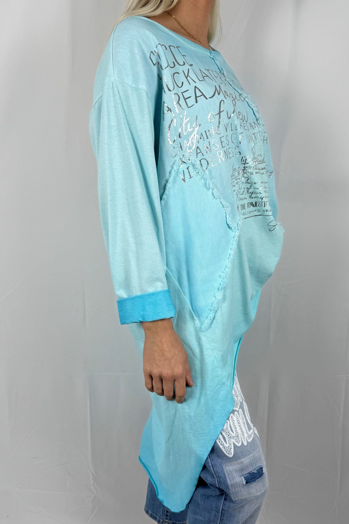 Damen Oversize Longshirt mit Schrift Print-Türkis