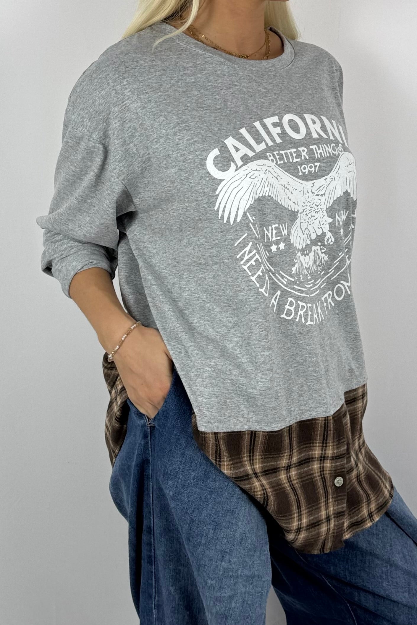 Damen Layering-Shirt „California“ – Karomuster-Look-Grau