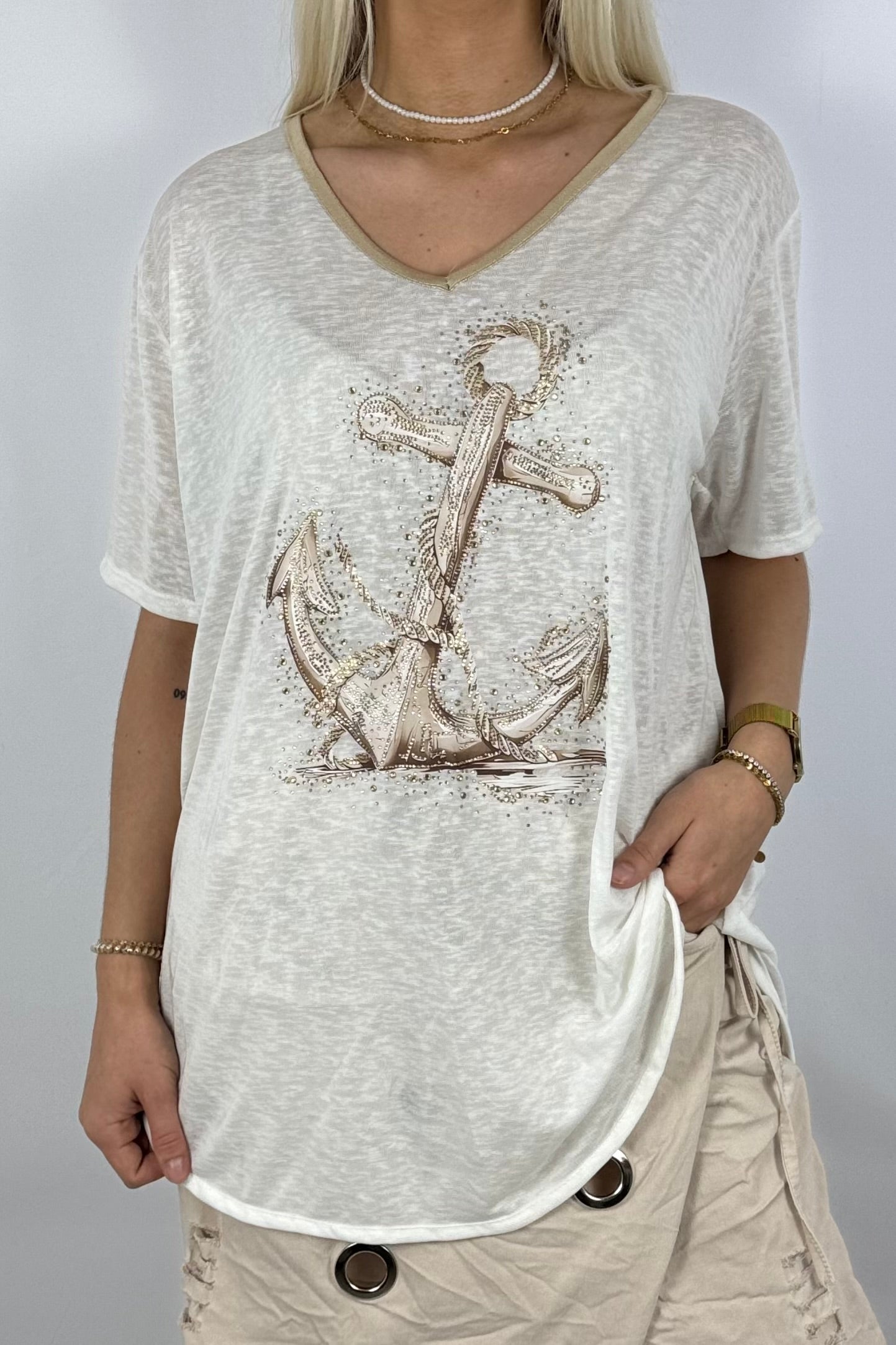 Oversize-Shirt mit Anker-Print & Golddetails-Weiß