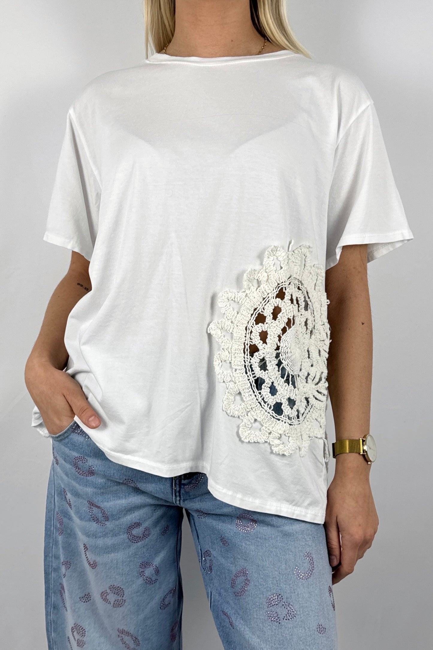 Shirt mit großem Häkel Muster-Weiß