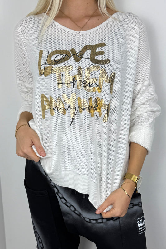Damen Shirt mit Glitzer-Schriftzug „Love Them Anyway“ –Weiß