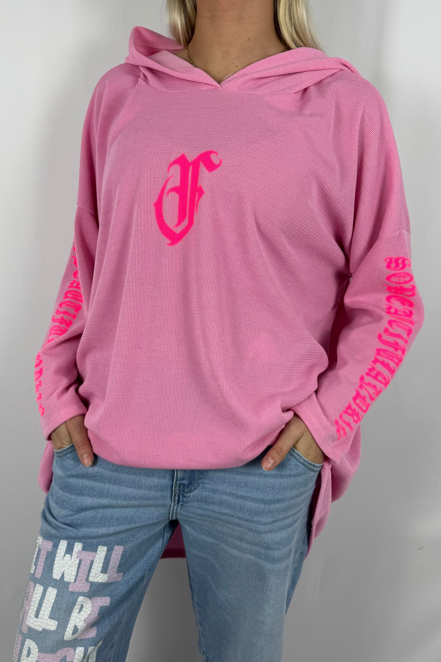 Damen Hoodie mit Frontprint und Schriftzug an den Ärmeln-Pink