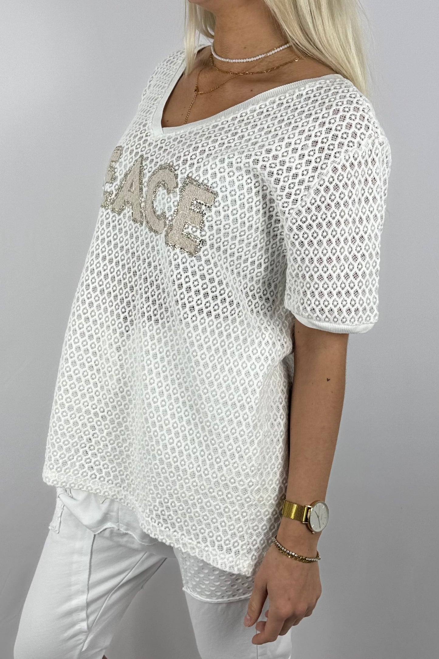 Netz-Shirt „PEACE“ mit Strass-Applikation-Weiß
