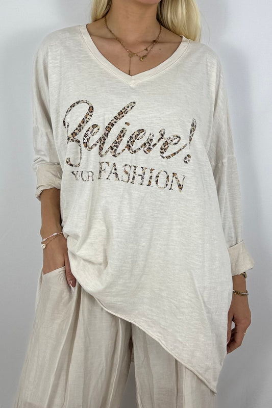 Oversize-Shirt mit Statement-Print-Beige