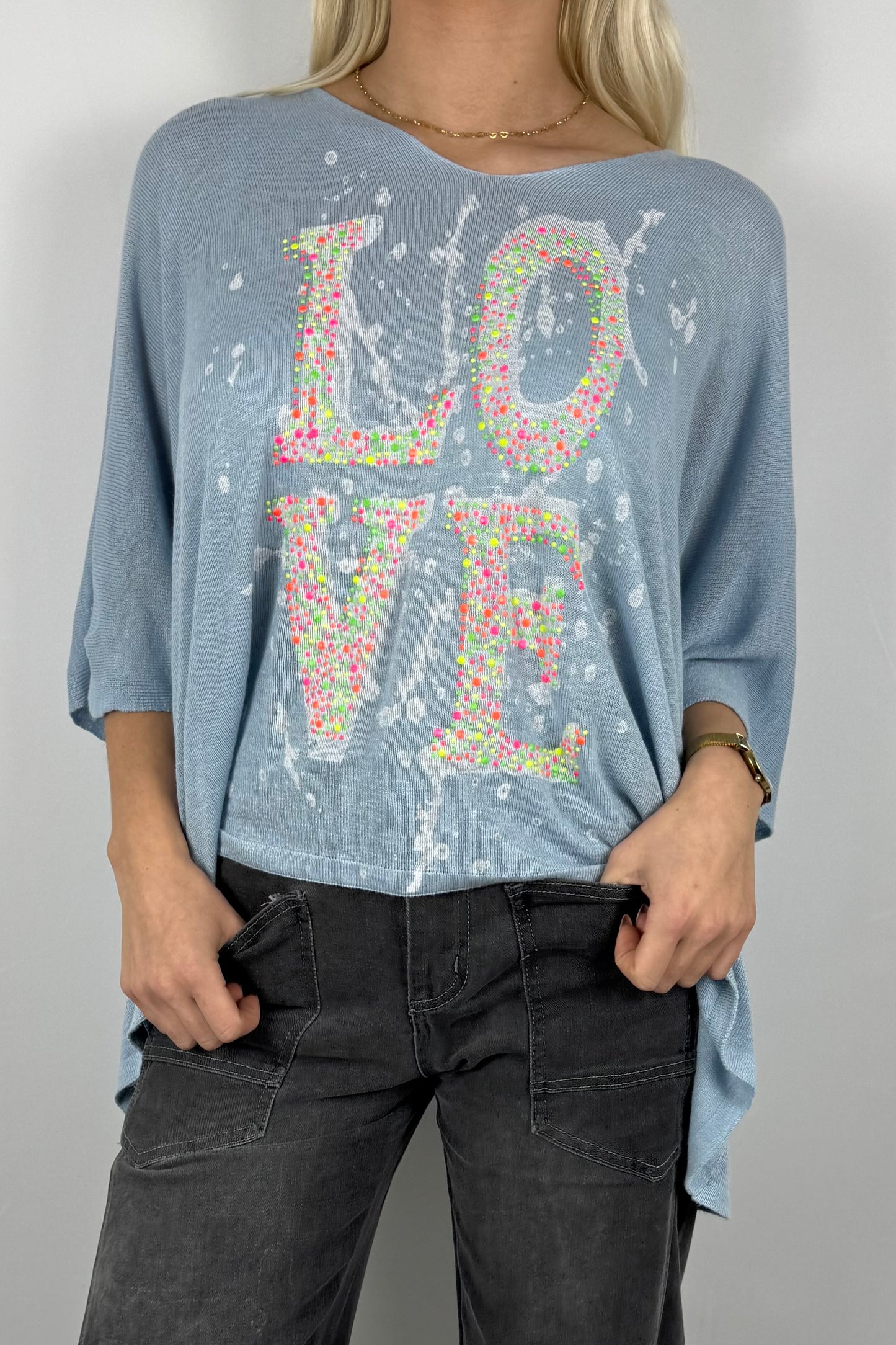 Strickshirt LOVE mit Strass Details Damen-Hellblau