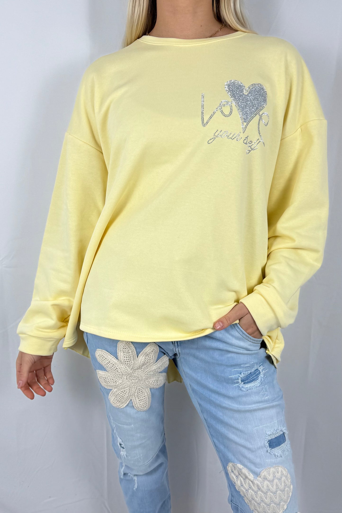 Damen Sweatshirt mit Glitzer Herz & Plissee Einsatz-Gelb