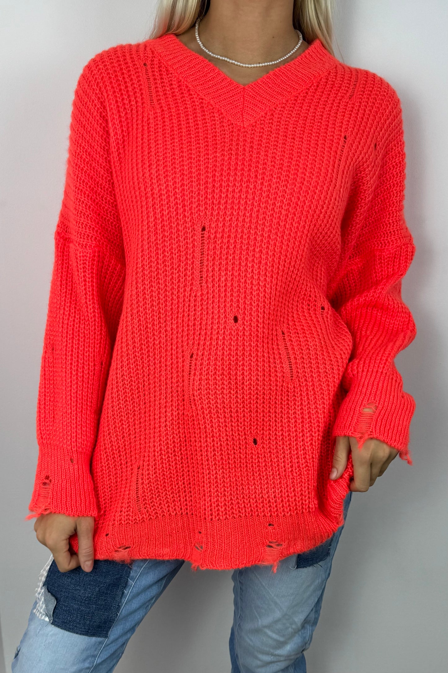 Oversize Strickpullover mit V-Ausschnitt – Orange