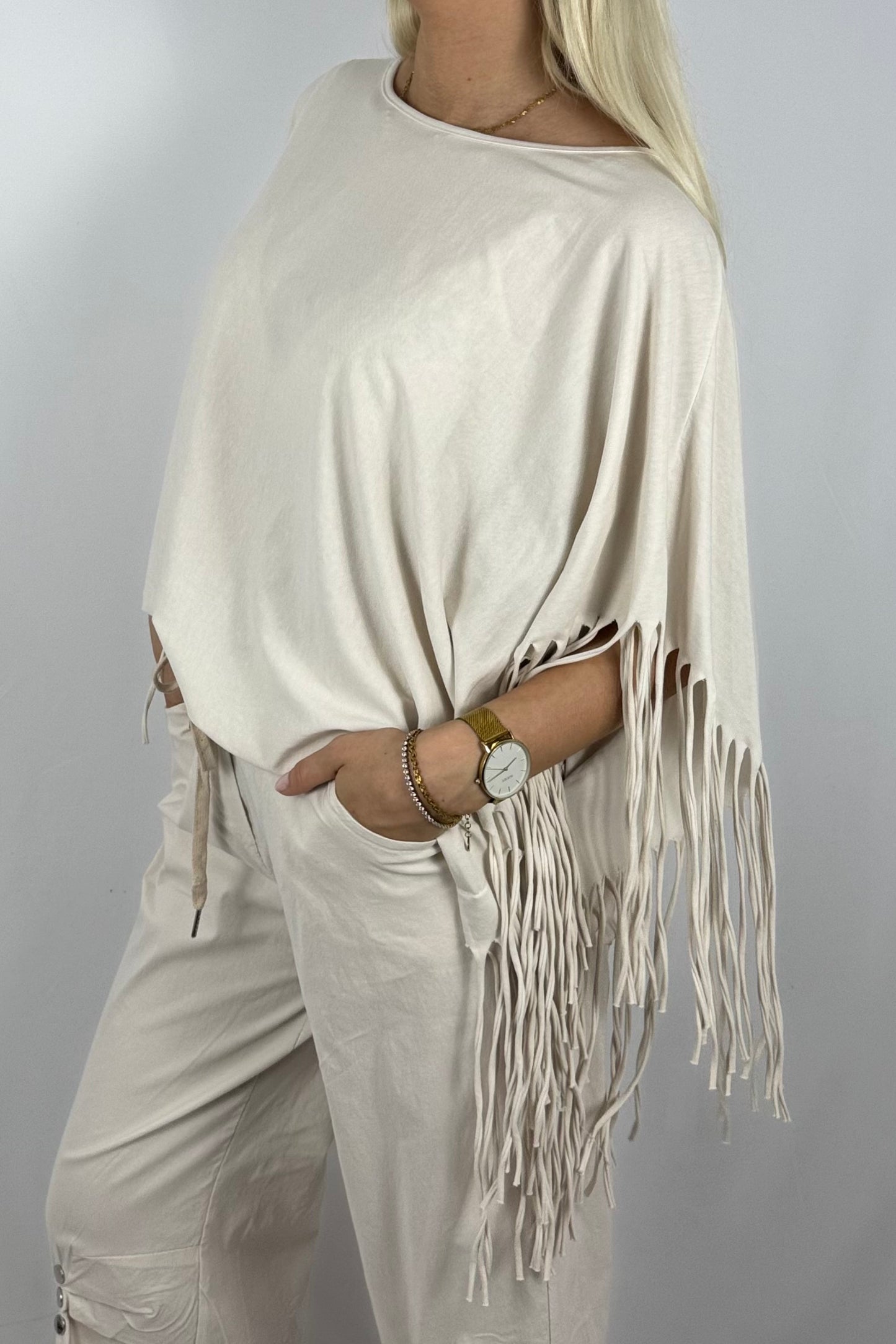 Fransen-Shirt aus Baumwollmix-Beige