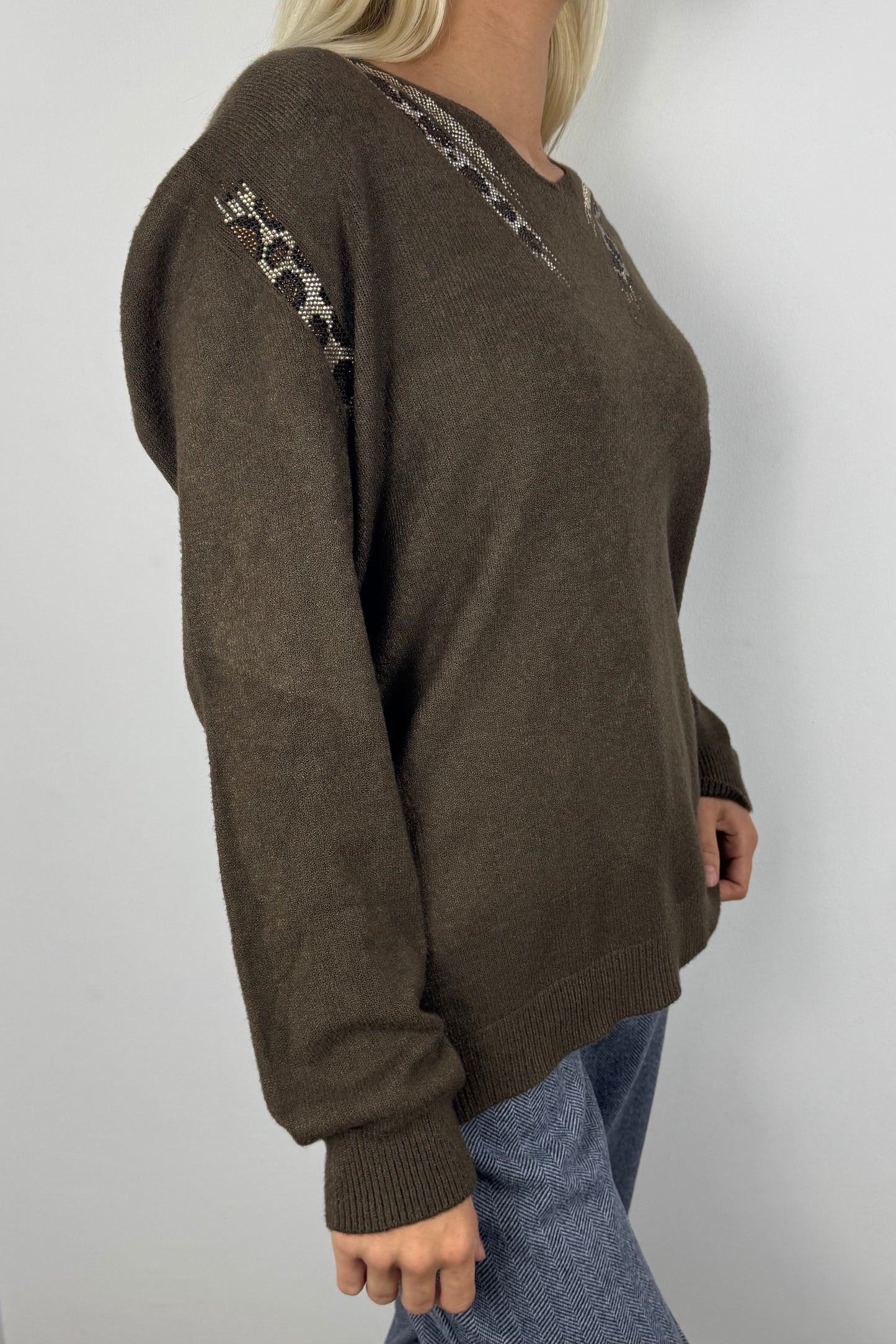 Feinstrick Pullover mit Glitzer-Details und V-Ausschnitt-Choco