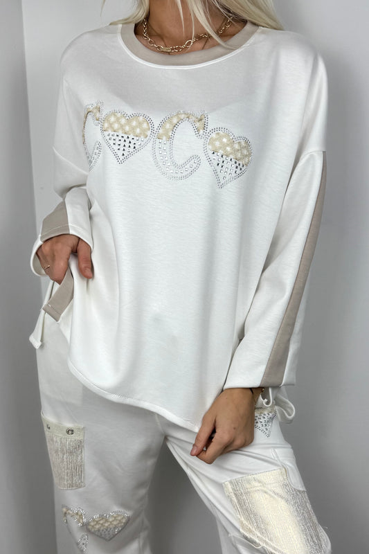 Stylisches Shirt mit Schmuckstein-Details-Weiß