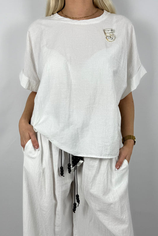 Glitzer Shirt mit Schmuckdetail-Weiß