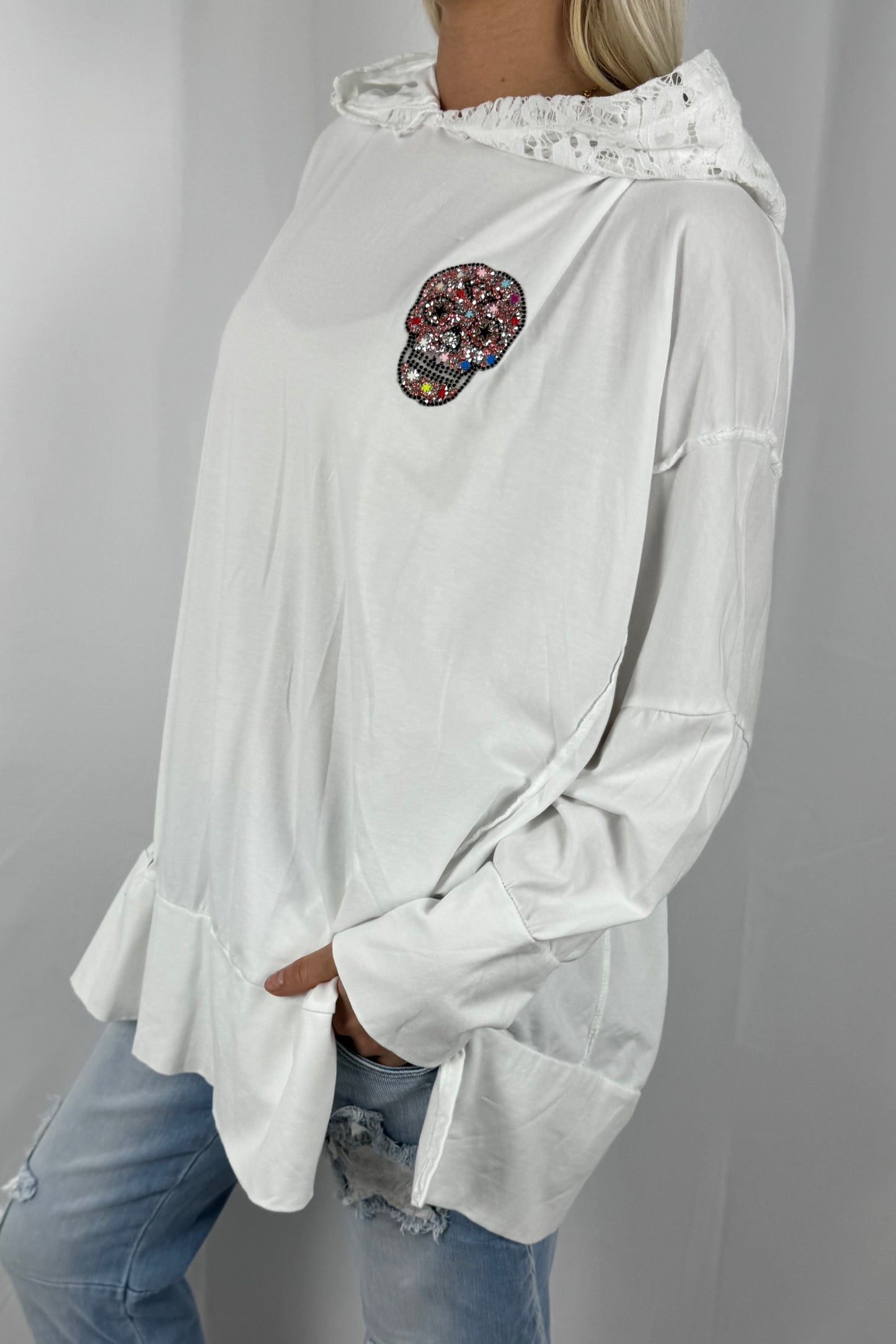 Damen Hoodie mit Strass Totenkopf-Weiß