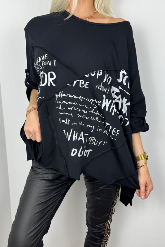 Oversize Shirt mit asymmetrischem Schnitt und Print-Details-Schwarz
