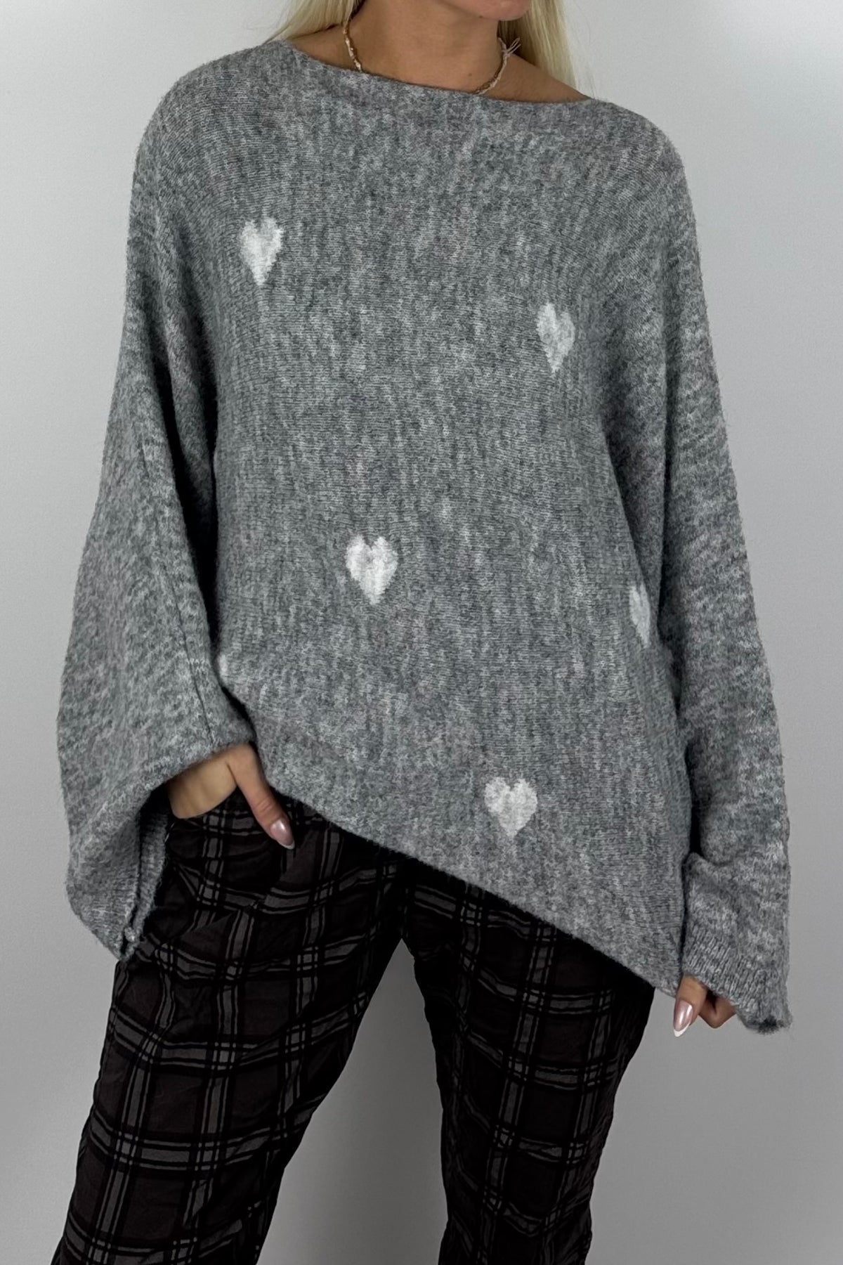 Damen Oversize-Strickpullover mit Herzmuster-grau