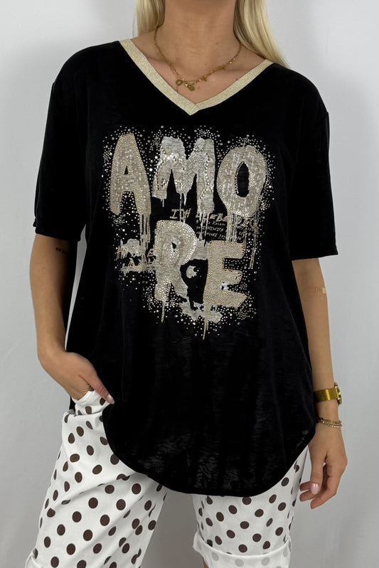 Shirt „AMORE“ mit Glitzer-Print-Schwarz