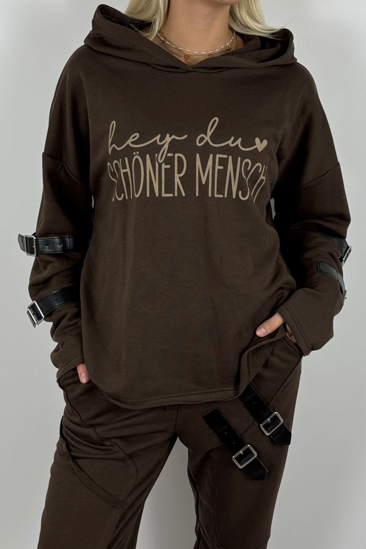 Oversize Hoodie „Hey du schöner Mensch“ mit Kapuze – Schoko