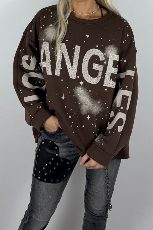 Damen-Sweatshirt mit „Los Angeles“-Schriftzug und Glitzersteinen - Schoko
