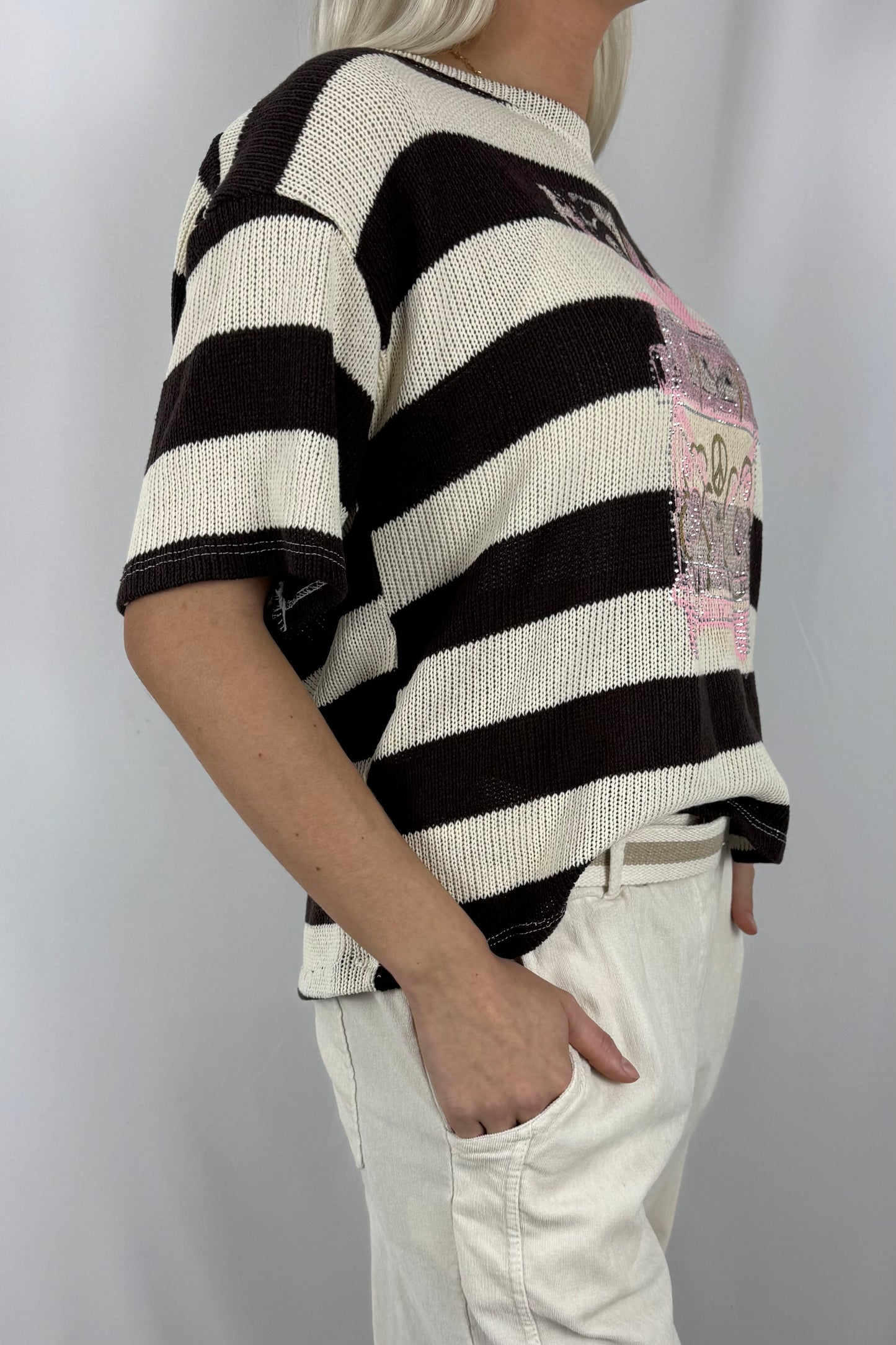 Damen Strickshirt Streifen mit Van Motiv-Choco