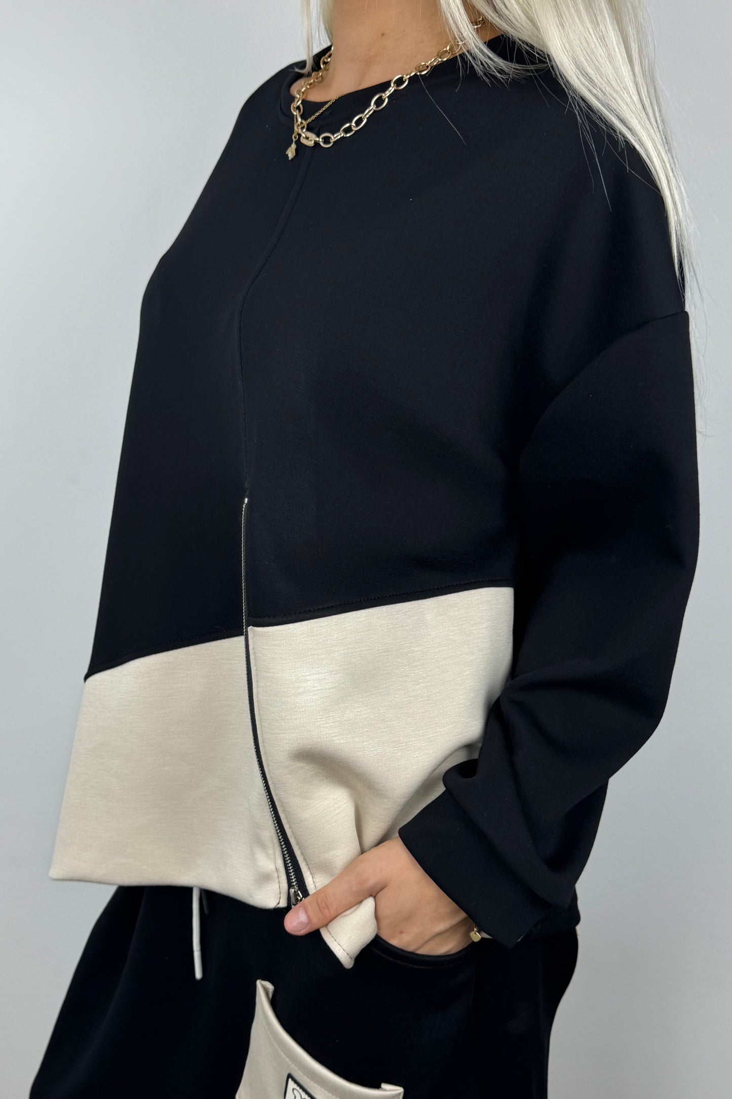 Casual Shirt mit Reißverschluss-Detail –Schwarz