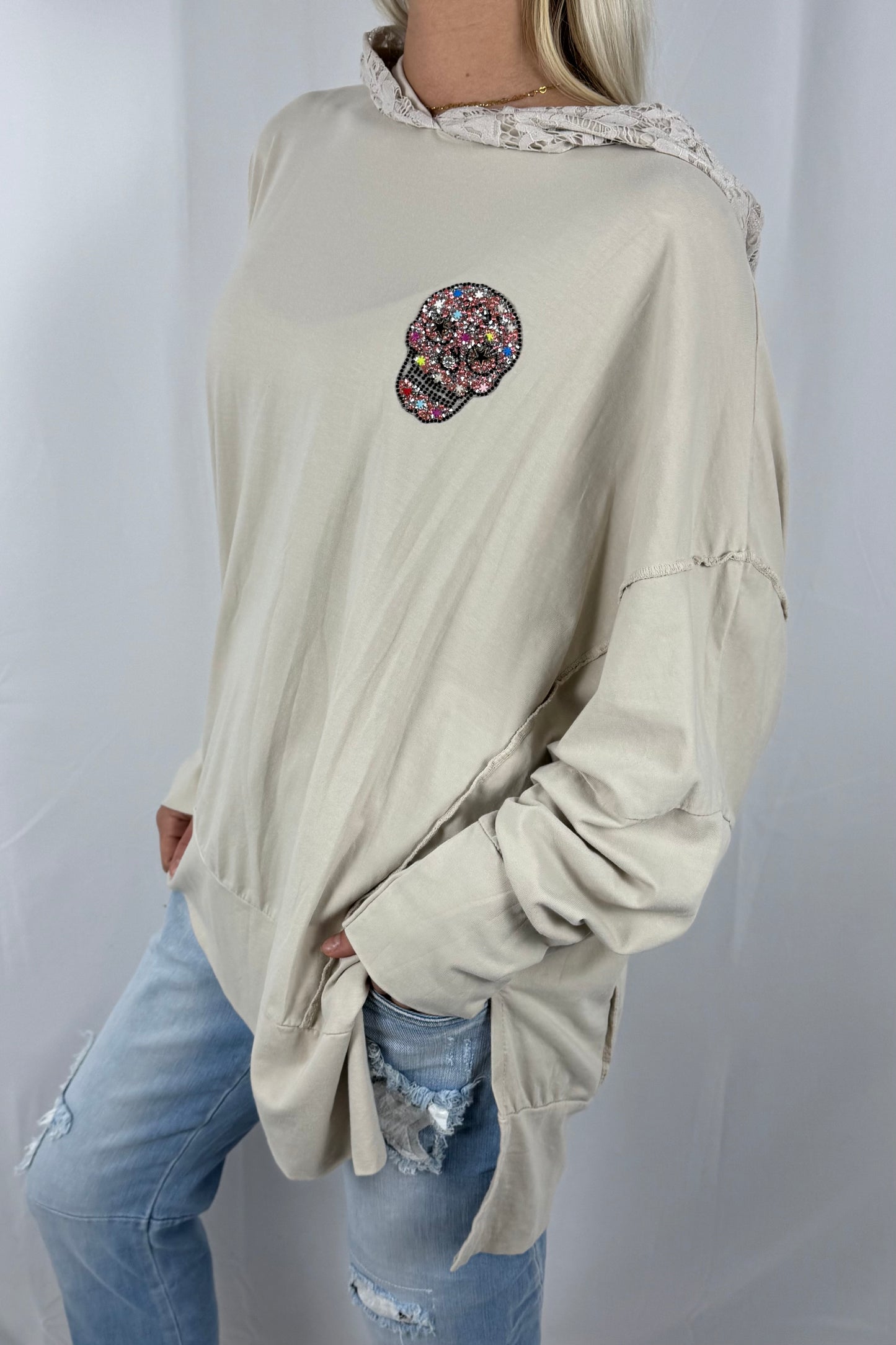 Damen Hoodie mit Strass Totenkopf-Beige
