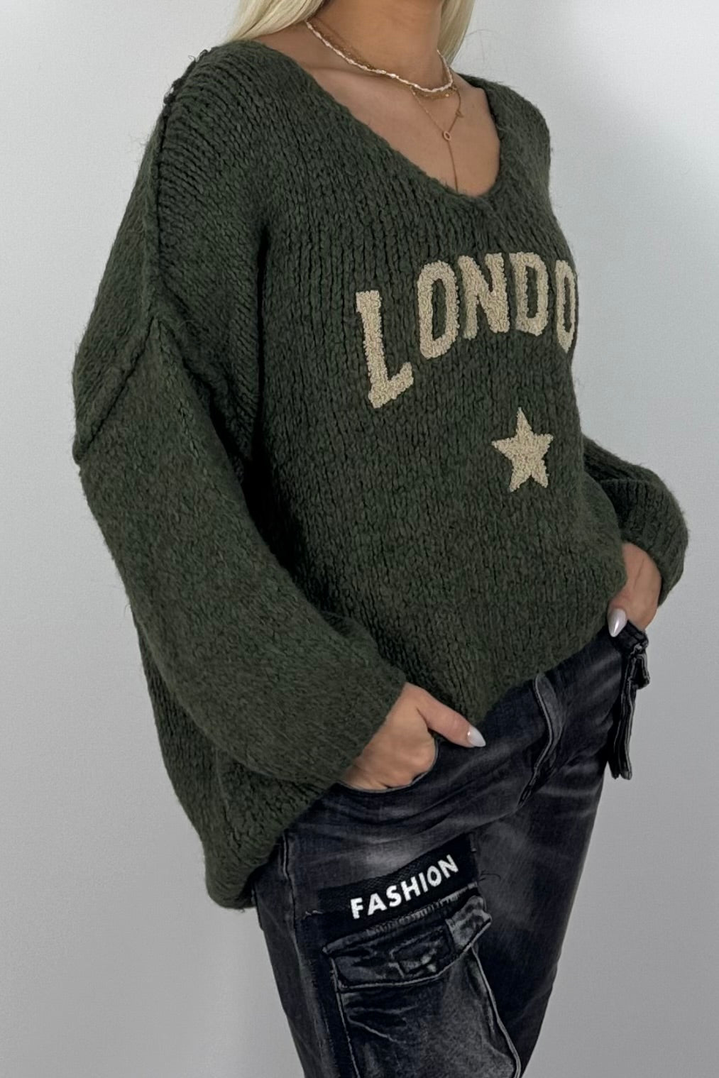 Damen Oversize Strickpullover mit London-Schriftzug –Khaki