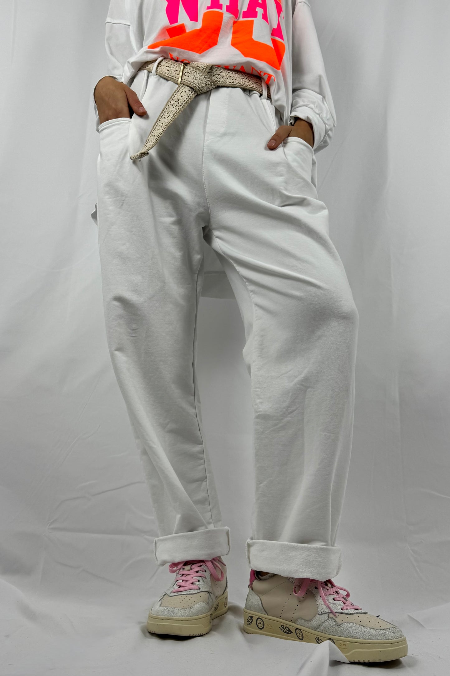 Hose mit Bindegürtel & lockerer Passform-Weiß