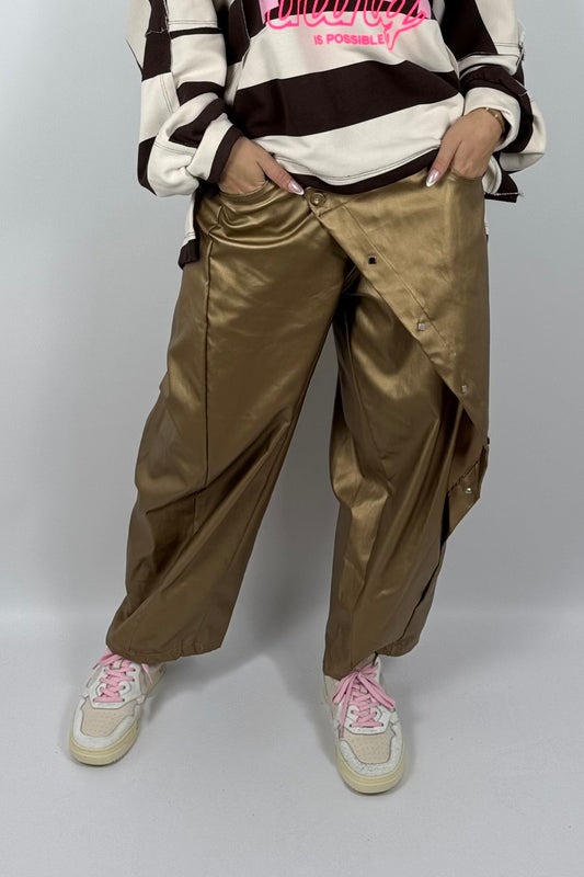 Damen Lederlook-Hose mit asymmetrischem Detail – Bronze