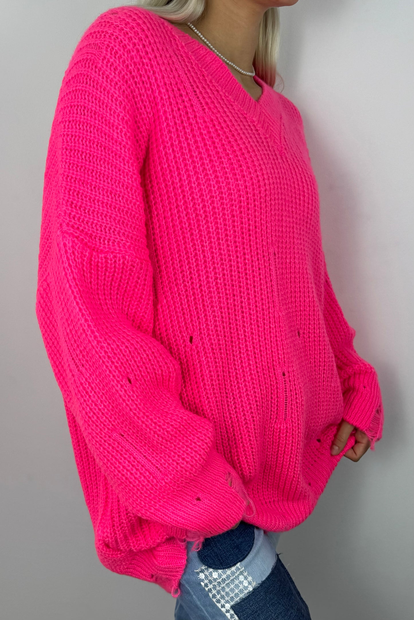 Oversize Strickpullover mit V-Ausschnitt – Pink