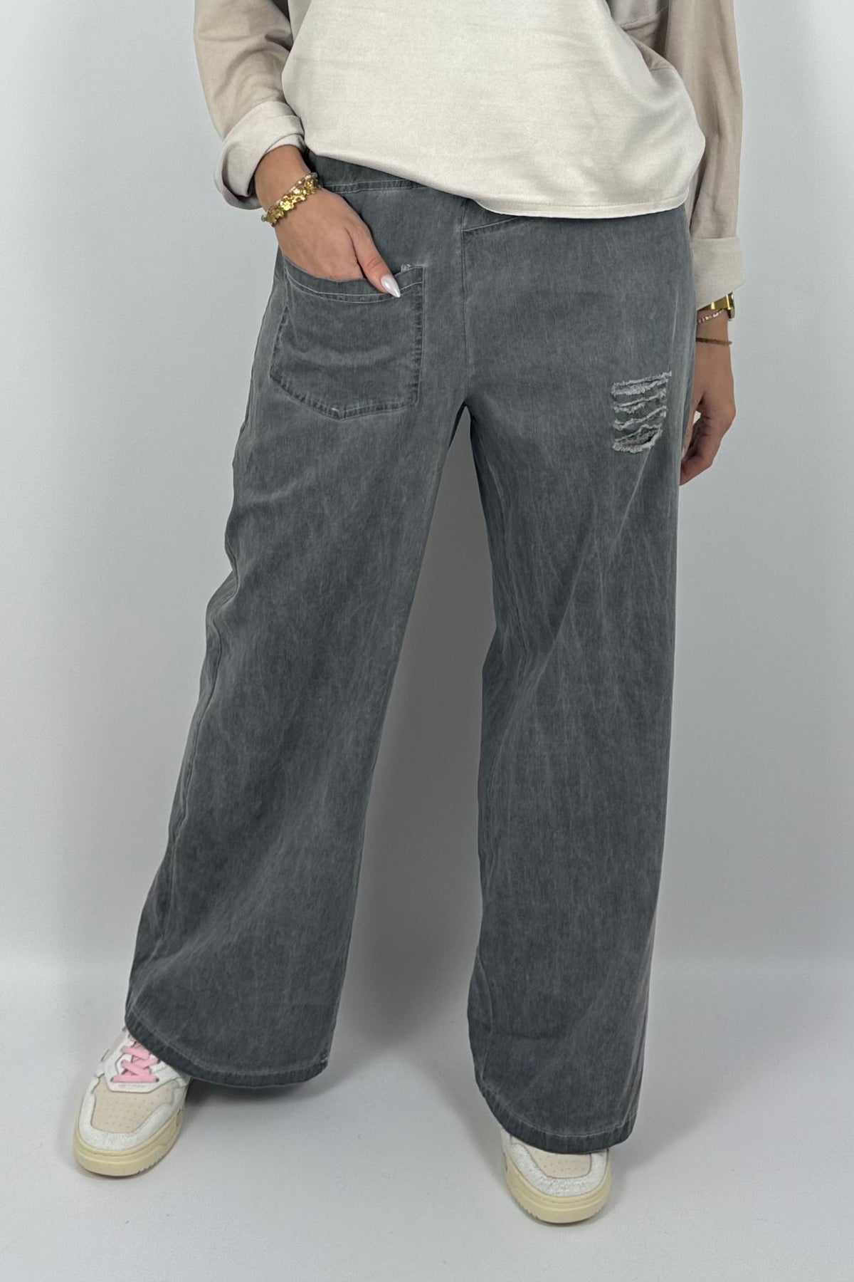 Damen Wide-Leg Hose mit Destroyed-Details – Anthrazit