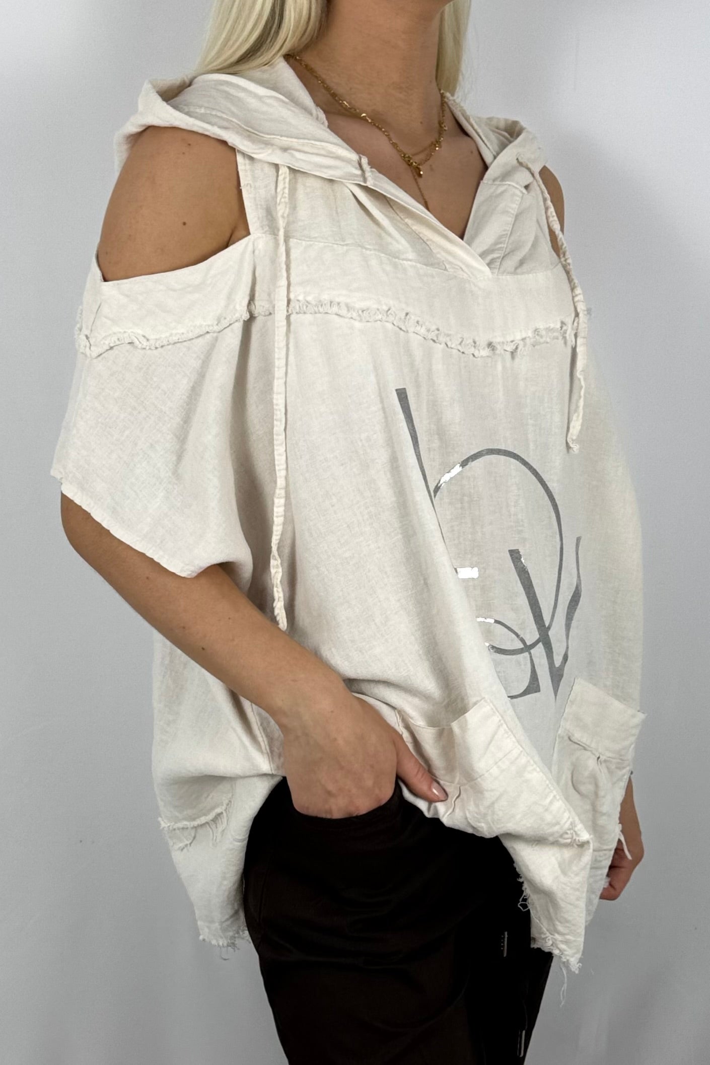 Leinen-Top mit Kapuze & LOVE-Print-Beige