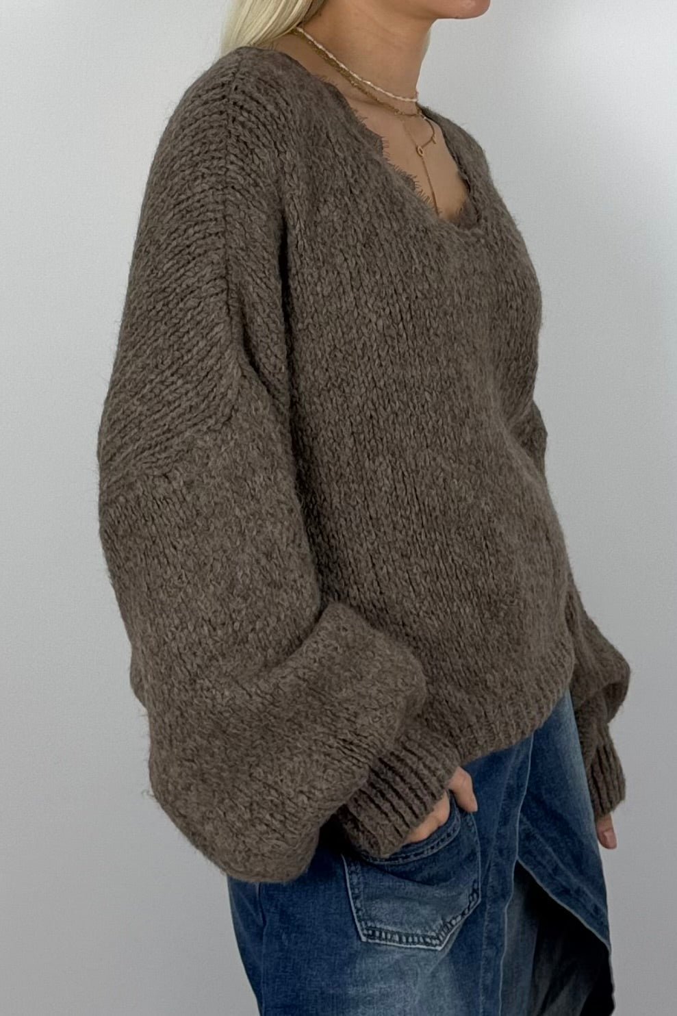 Damen Oversize Strickpullover mit V-Ausschnitt –Mud