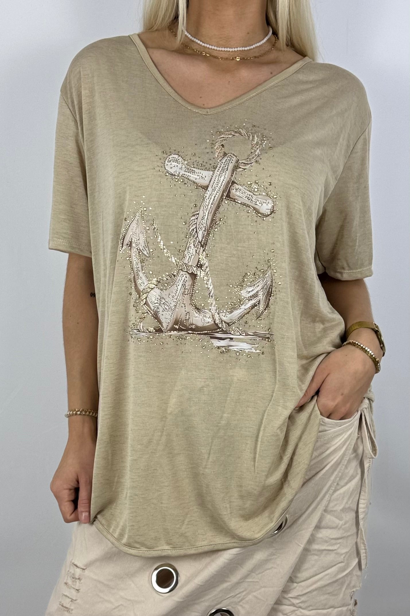 Oversize-Shirt mit Anker-Print & Golddetails-Safari