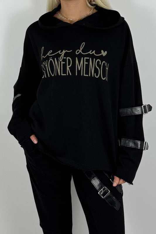 Oversize Hoodie „Hey du schöner Mensch“ mit Kapuze – Schwarz
