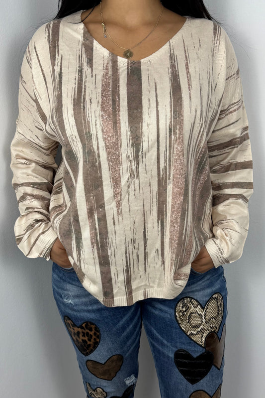 Feinstrick-Shirt mit abstraktem Muster und V-Ausschnitt