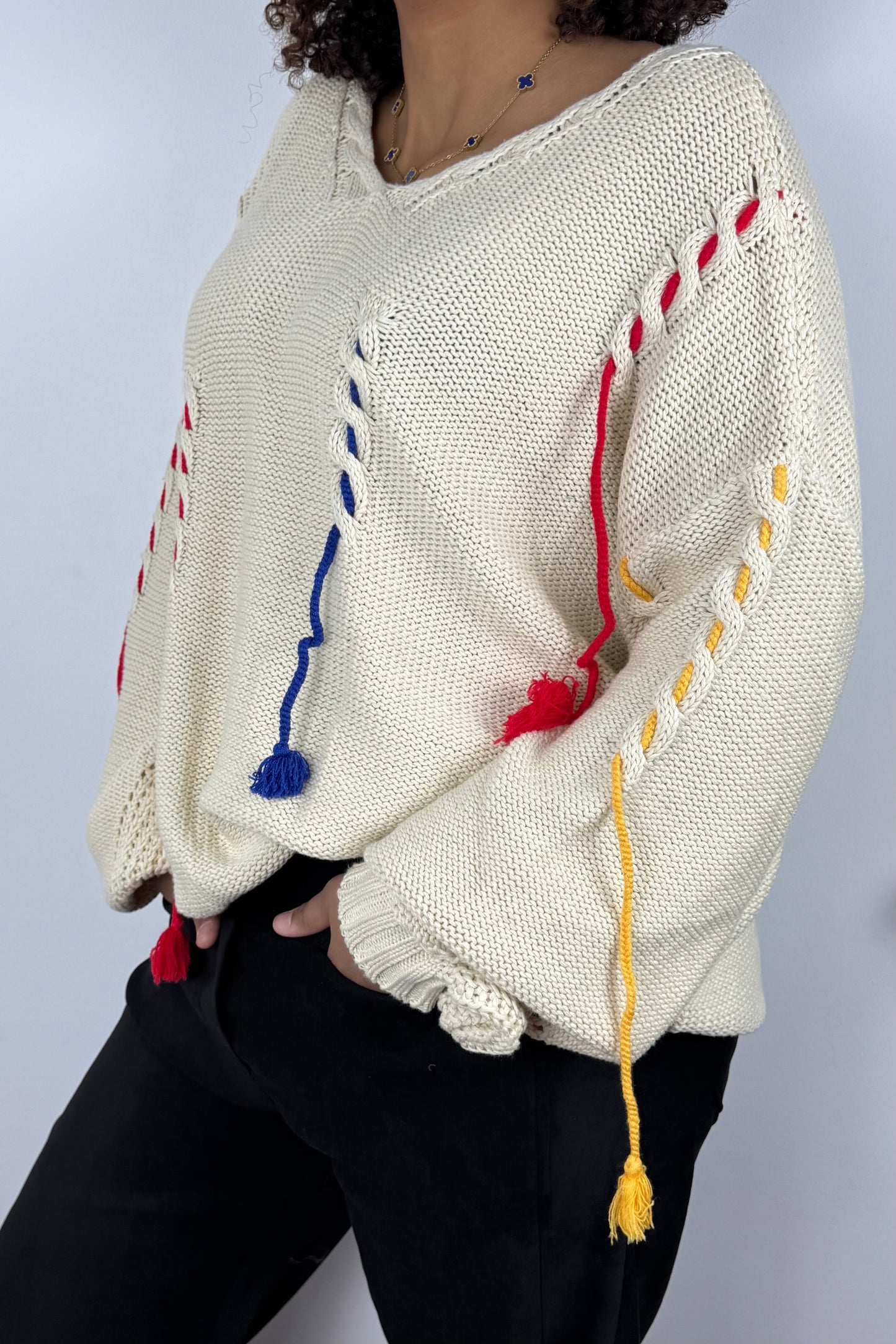 Strickpullover mit bunten Details – Beige