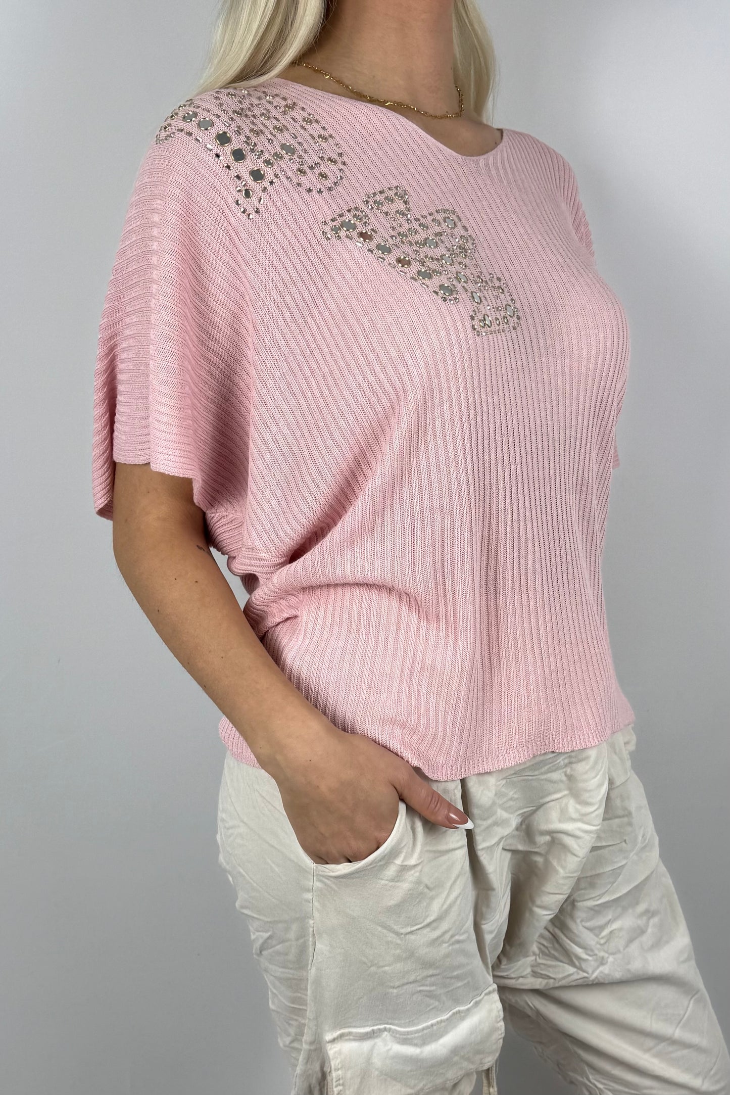Strickshirt LOVE mit Glitzersteinen Damen-Rosa