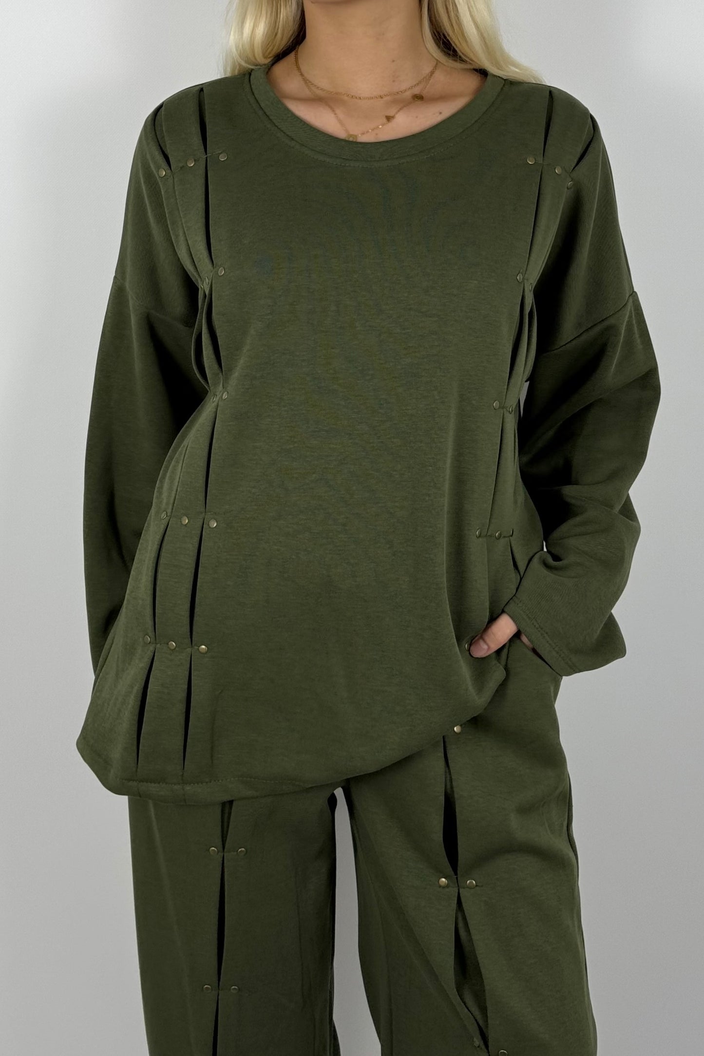 Damen Oversize Sweatshirt mit Nieten & Faltendetails – Khaki