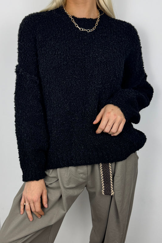 Kuscheliger Grobstrickpullover mit Stehkragen-Schwarz