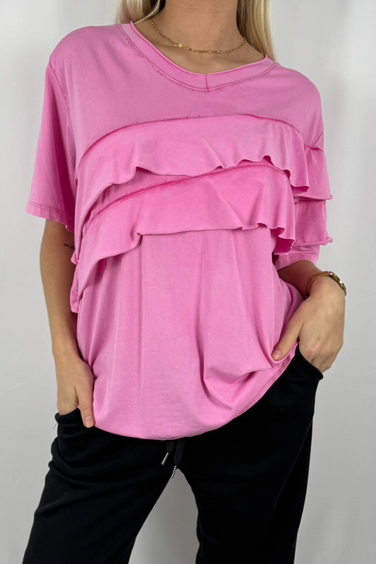 Damen Shirt mit Volant Detail und V Ausschnitt-Pink