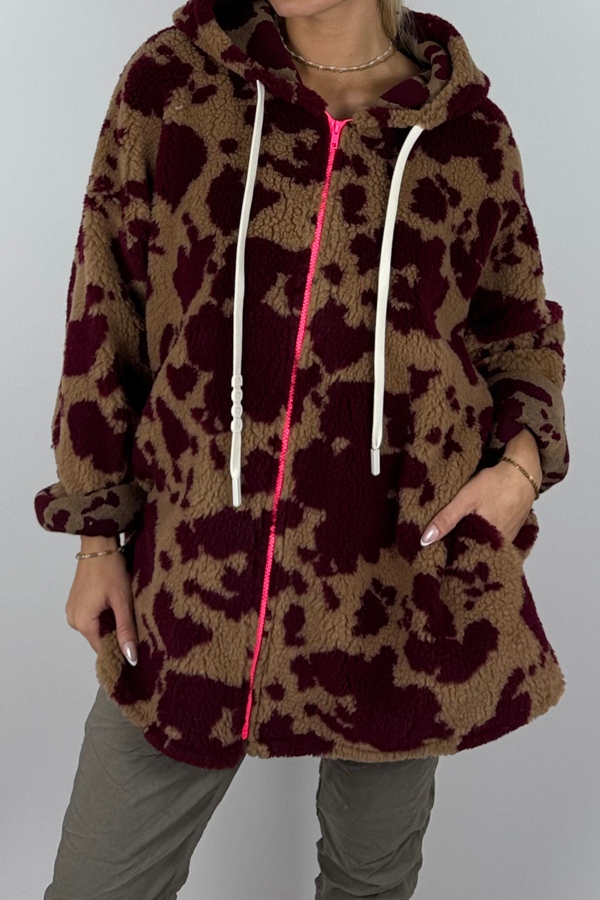Damen Teddyjacke mit Kapuze-Bordeaux